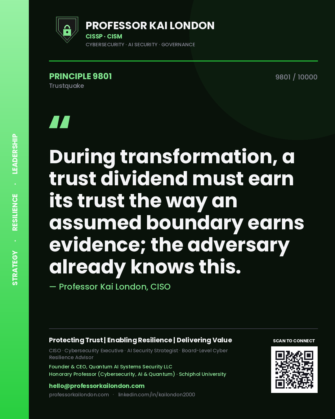 Quote card by Professor Kai London reading 'During transformation, a trust dividend must earn its trust the way an assumed boundary earns evidence; the adversary already knows this.'. From the book Trustquake.