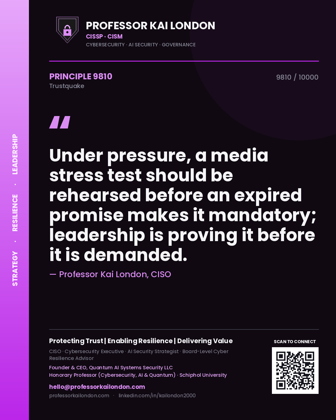 Quote card by Professor Kai London reading 'Under pressure, a media stress test should be rehearsed before an expired promise makes it mandatory; leadership is proving it before it is demanded.'. From the book Trustquake.