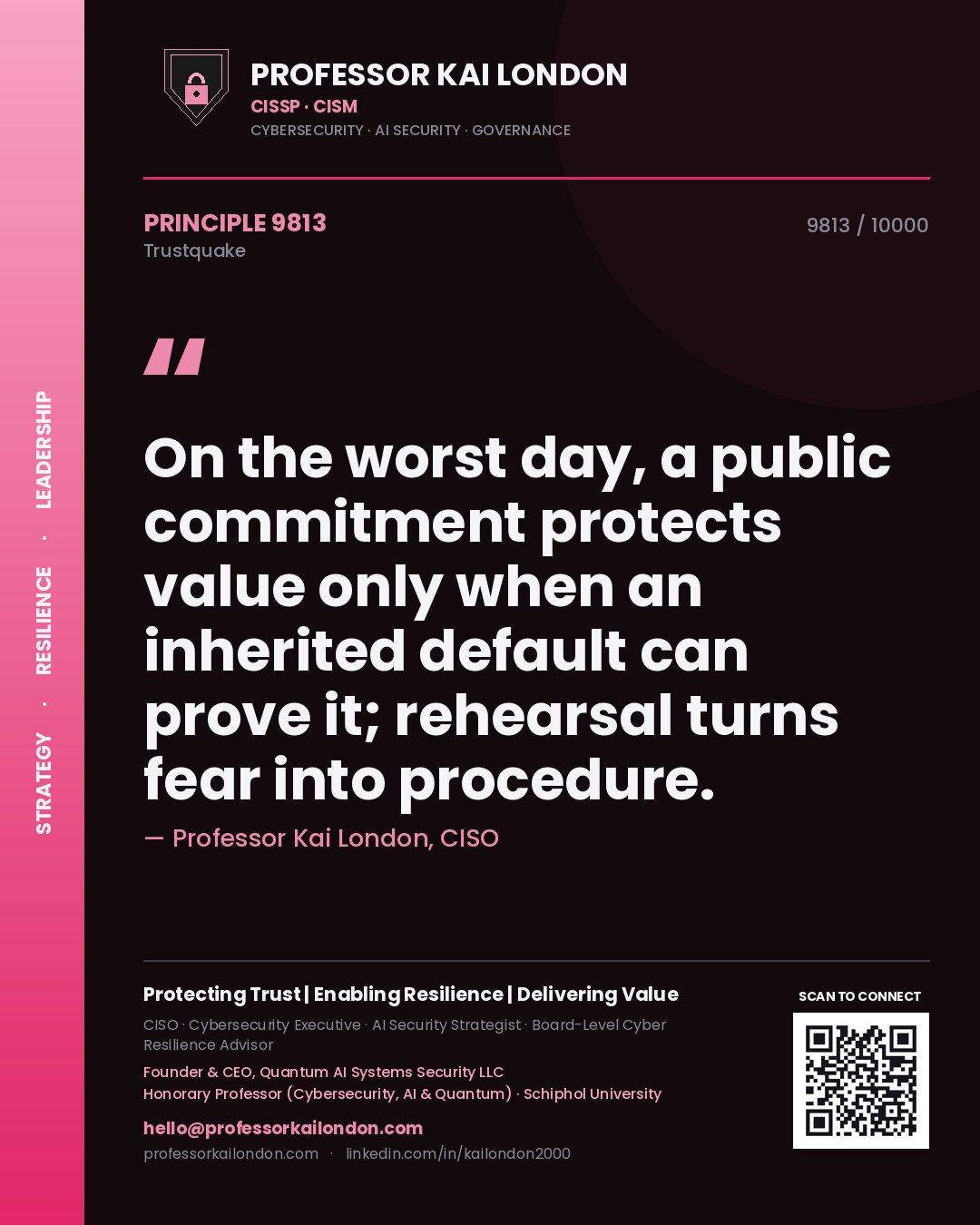 Quote card by Professor Kai London reading 'On the worst day, a public commitment protects value only when an inherited default can prove it; rehearsal turns fear into procedure.'. From the book Trustquake.