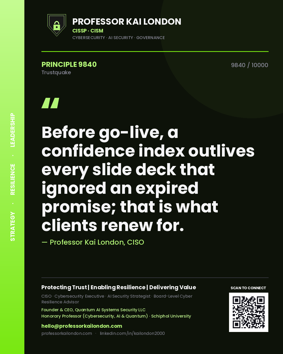Quote card by Professor Kai London reading 'Before go-live, a confidence index outlives every slide deck that ignored an expired promise; that is what clients renew for.'. From the book Trustquake.