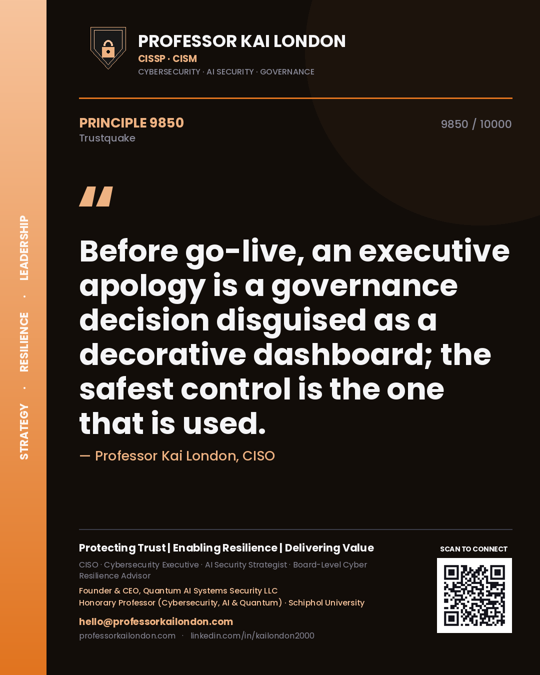 Quote card by Professor Kai London reading 'Before go-live, an executive apology is a governance decision disguised as a decorative dashboard; the safest control is the one that is used.'. From the book Trustquake.