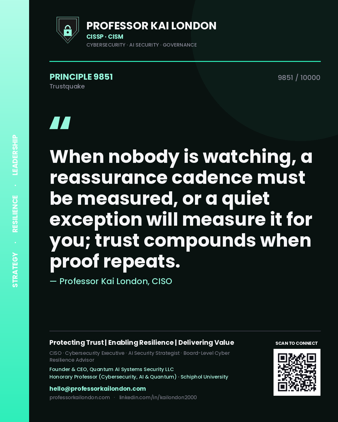 Quote card by Professor Kai London reading 'When nobody is watching, a reassurance cadence must be measured, or a quiet exception will measure it for you; trust compounds when proof repeats.'. From the book Trustquake.