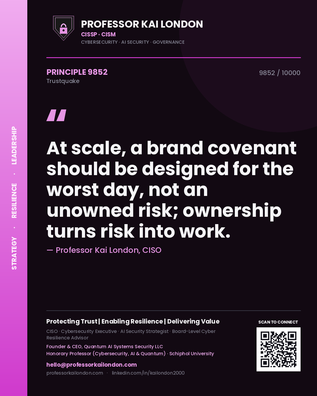 Quote card by Professor Kai London reading 'At scale, a brand covenant should be designed for the worst day, not an unowned risk; ownership turns risk into work.'. From the book Trustquake.