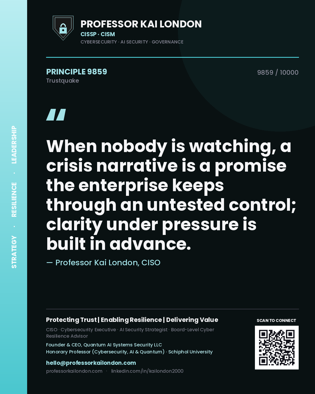 Quote card by Professor Kai London reading 'When nobody is watching, a crisis narrative is a promise the enterprise keeps through an untested control; clarity under pressure is built in advance.'. From the book Trustquake.