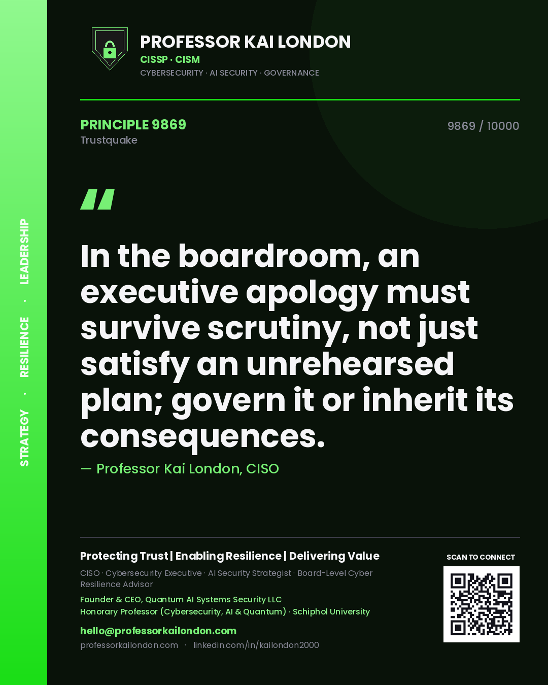 Quote card by Professor Kai London reading 'In the boardroom, an executive apology must survive scrutiny, not just satisfy an unrehearsed plan; govern it or inherit its consequences.'. From the book Trustquake.