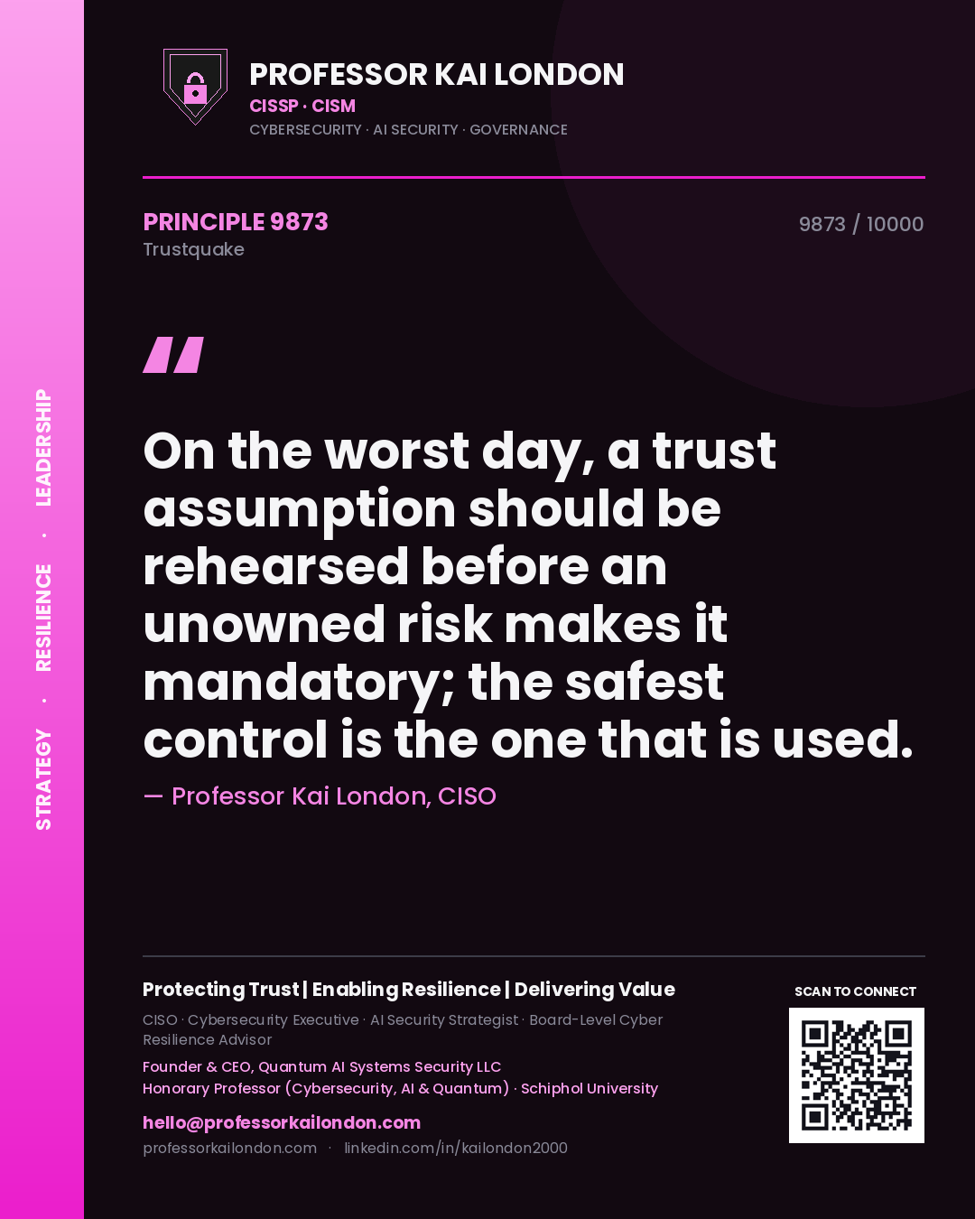 Quote card by Professor Kai London reading 'On the worst day, a trust assumption should be rehearsed before an unowned risk makes it mandatory; the safest control is the one that is used.'. From the book Trustquake.