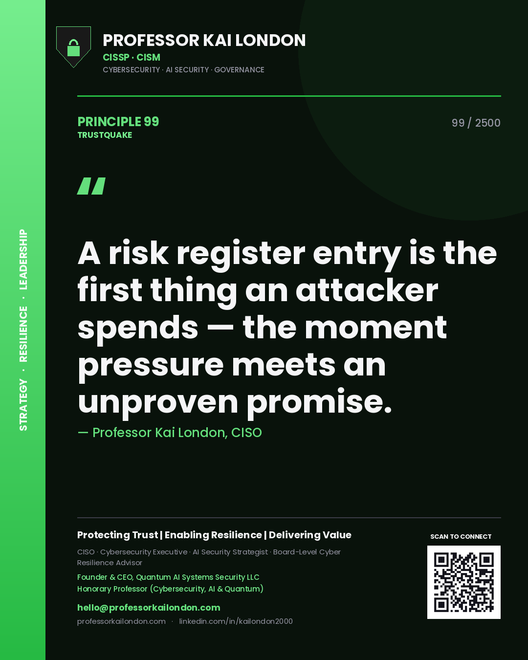 Professor Kai London principle 99: A risk register entry is the first thing an attacker spends — the moment pressure meets an unproven promise.