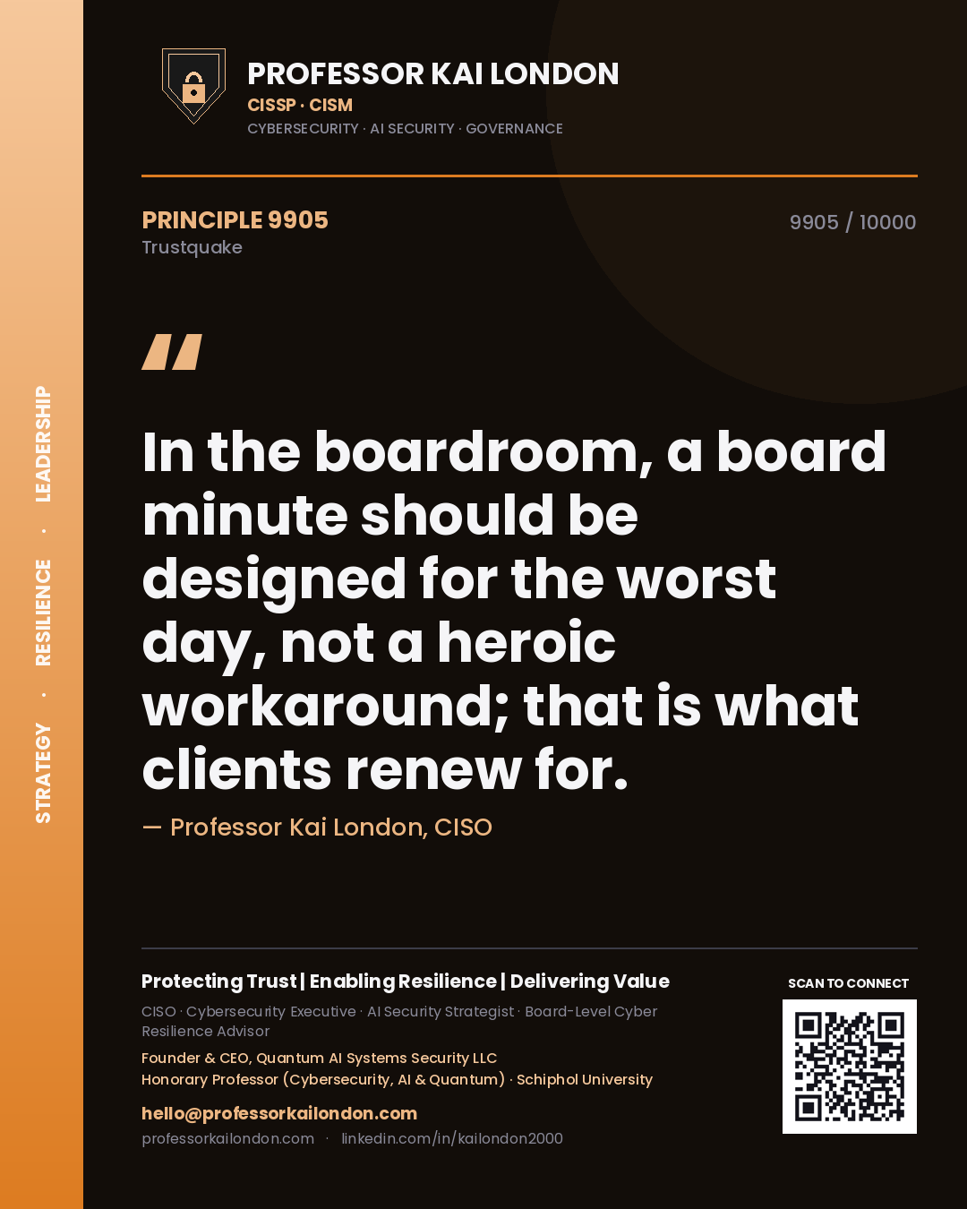 Professor Kai London principle 9905: In the boardroom, a board minute should be designed for the worst day, not a heroic workaround; that is what clients renew for.