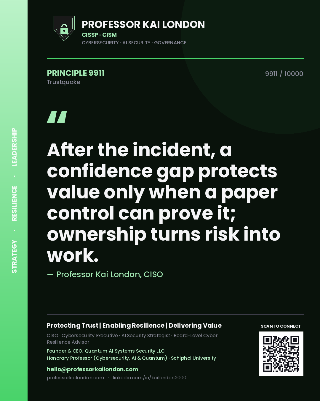 Quote card by Professor Kai London reading 'After the incident, a confidence gap protects value only when a paper control can prove it; ownership turns risk into work.'. From the book Trustquake.