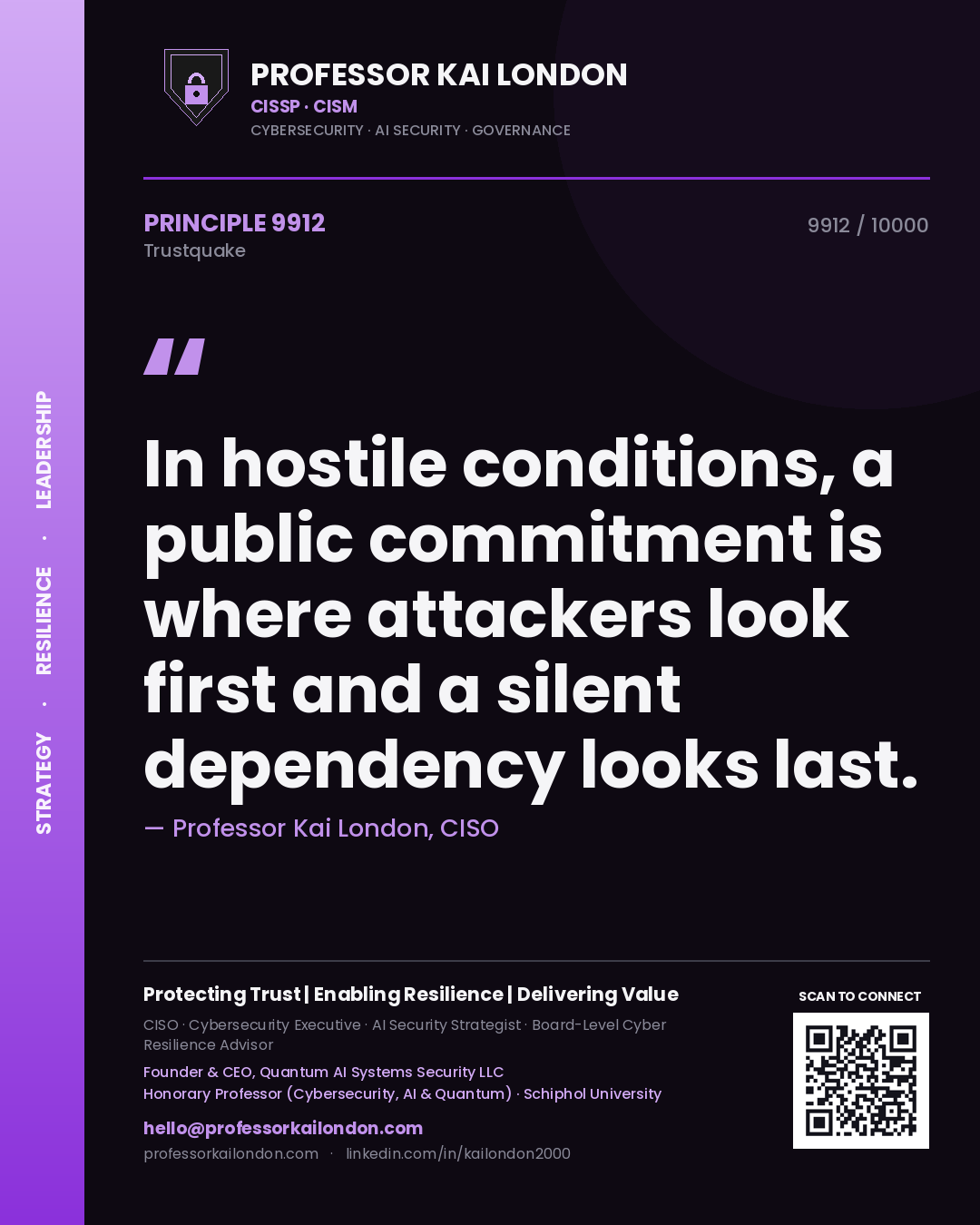 Professor Kai London principle 9912: In hostile conditions, a public commitment is where attackers look first and a silent dependency looks last.