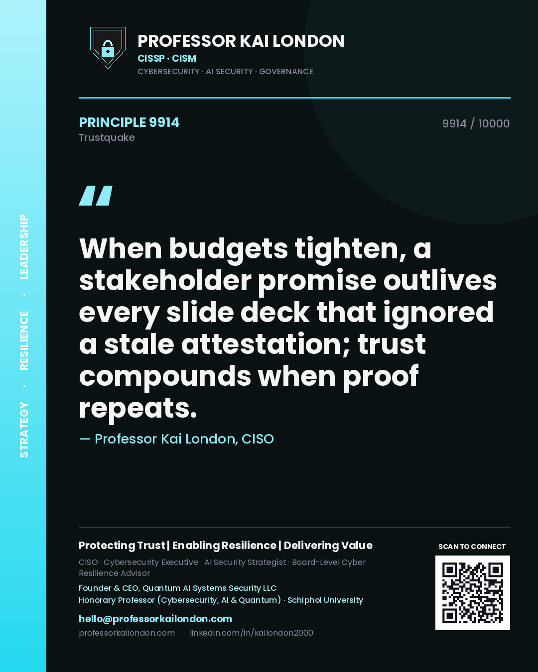 Professor Kai London principle 9914: When budgets tighten, a stakeholder promise outlives every slide deck that ignored a stale attestation; trust compounds when proof repeats.