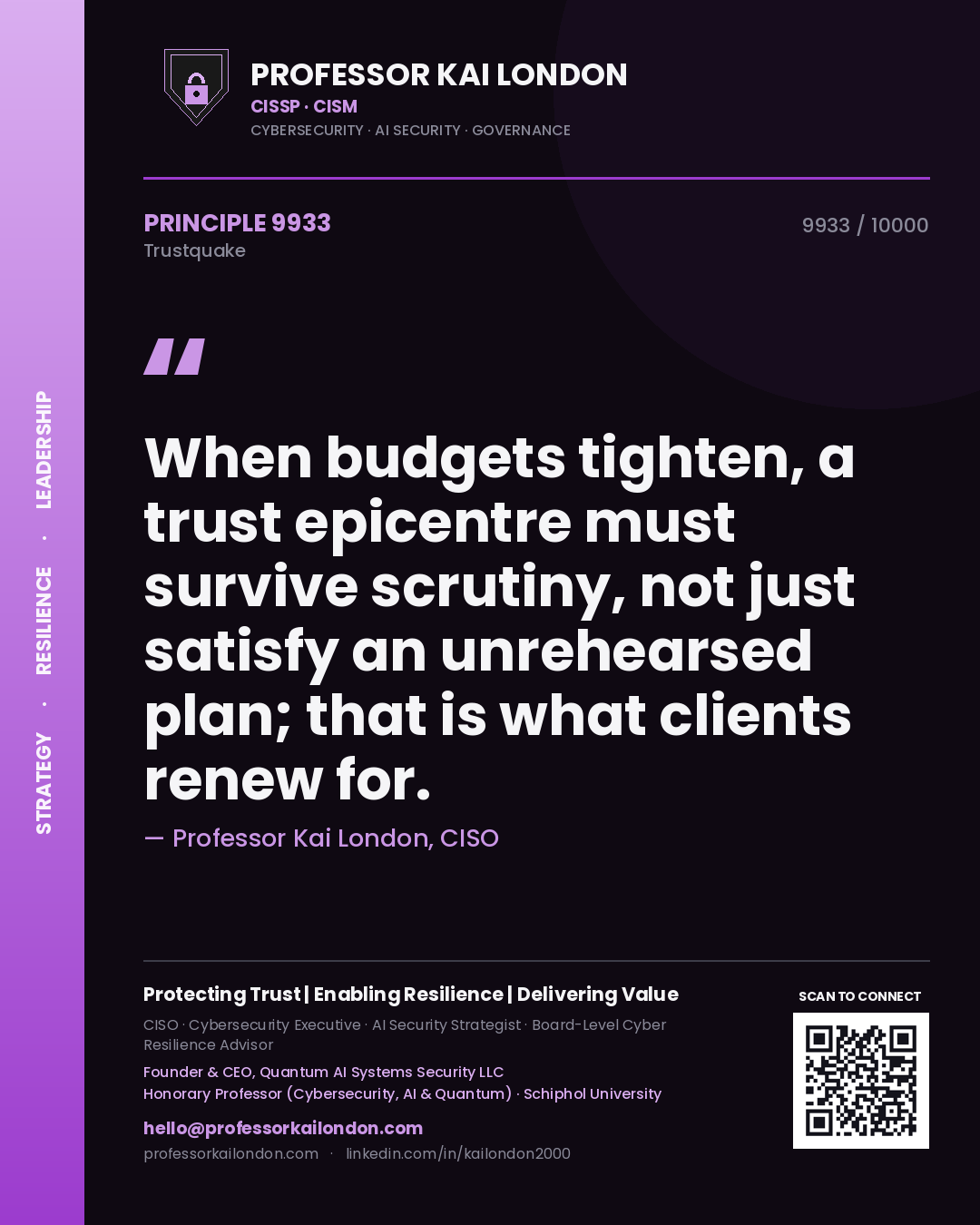 Quote card by Professor Kai London reading 'When budgets tighten, a trust epicentre must survive scrutiny, not just satisfy an unrehearsed plan; that is what clients renew for.'. From the book Trustquake.