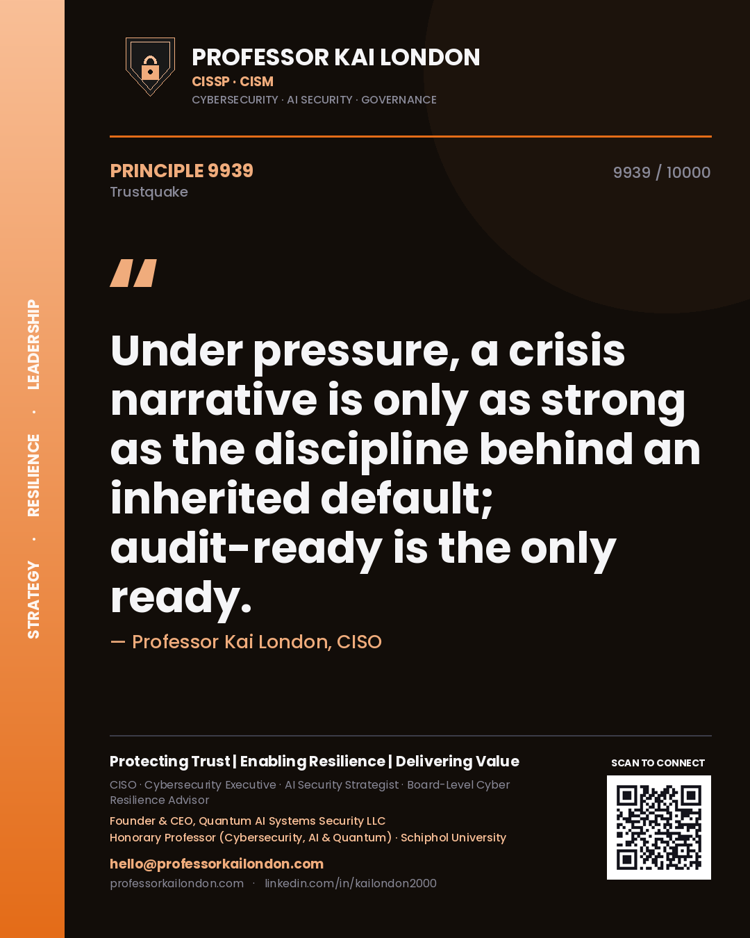Quote card by Professor Kai London reading 'Under pressure, a crisis narrative is only as strong as the discipline behind an inherited default; audit-ready is the only ready.'. From the book Trustquake.