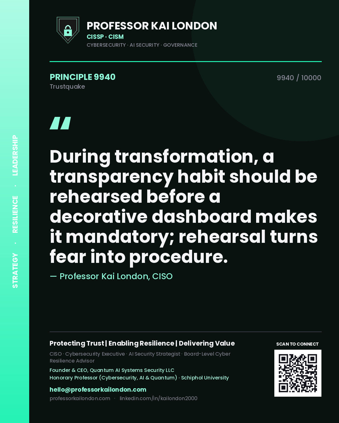 Quote card by Professor Kai London reading 'During transformation, a transparency habit should be rehearsed before a decorative dashboard makes it mandatory; rehearsal turns fear into procedure.'. From the book Trustquake.