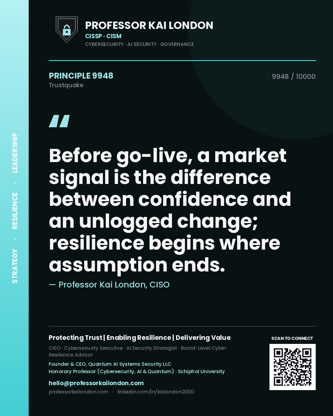 Professor Kai London principle 9948: Before go-live, a market signal is the difference between confidence and an unlogged change; resilience begins where assumption ends.