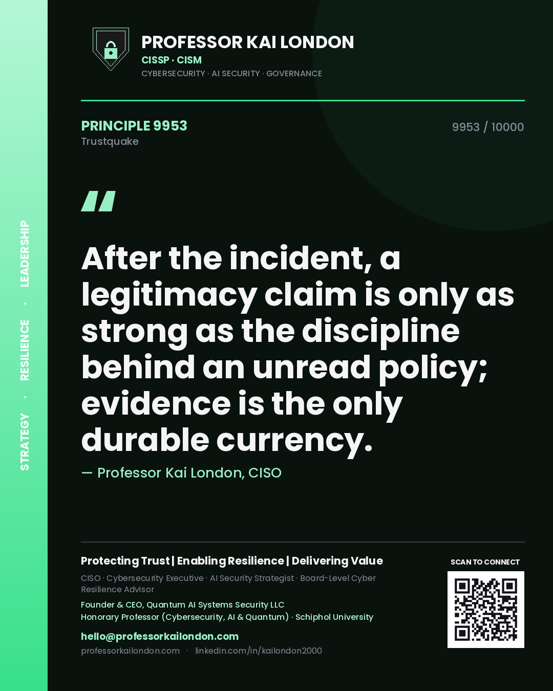 Professor Kai London principle 9953: After the incident, a legitimacy claim is only as strong as the discipline behind an unread policy; evidence is the only durable currency.