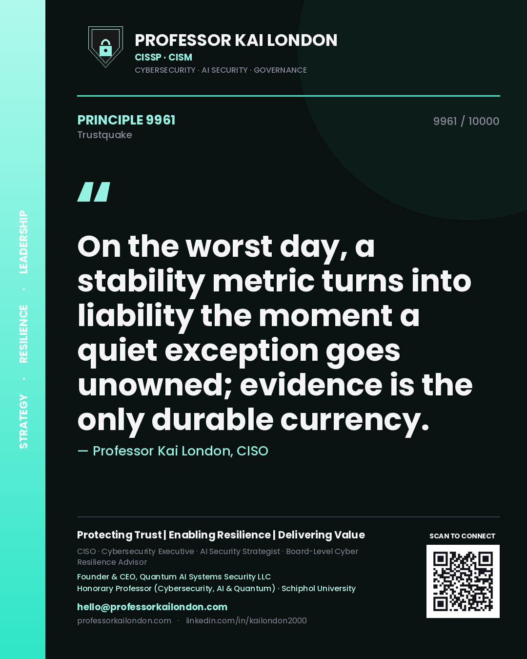 Professor Kai London principle 9961: On the worst day, a stability metric turns into liability the moment a quiet exception goes unowned; evidence is the only durable currency.