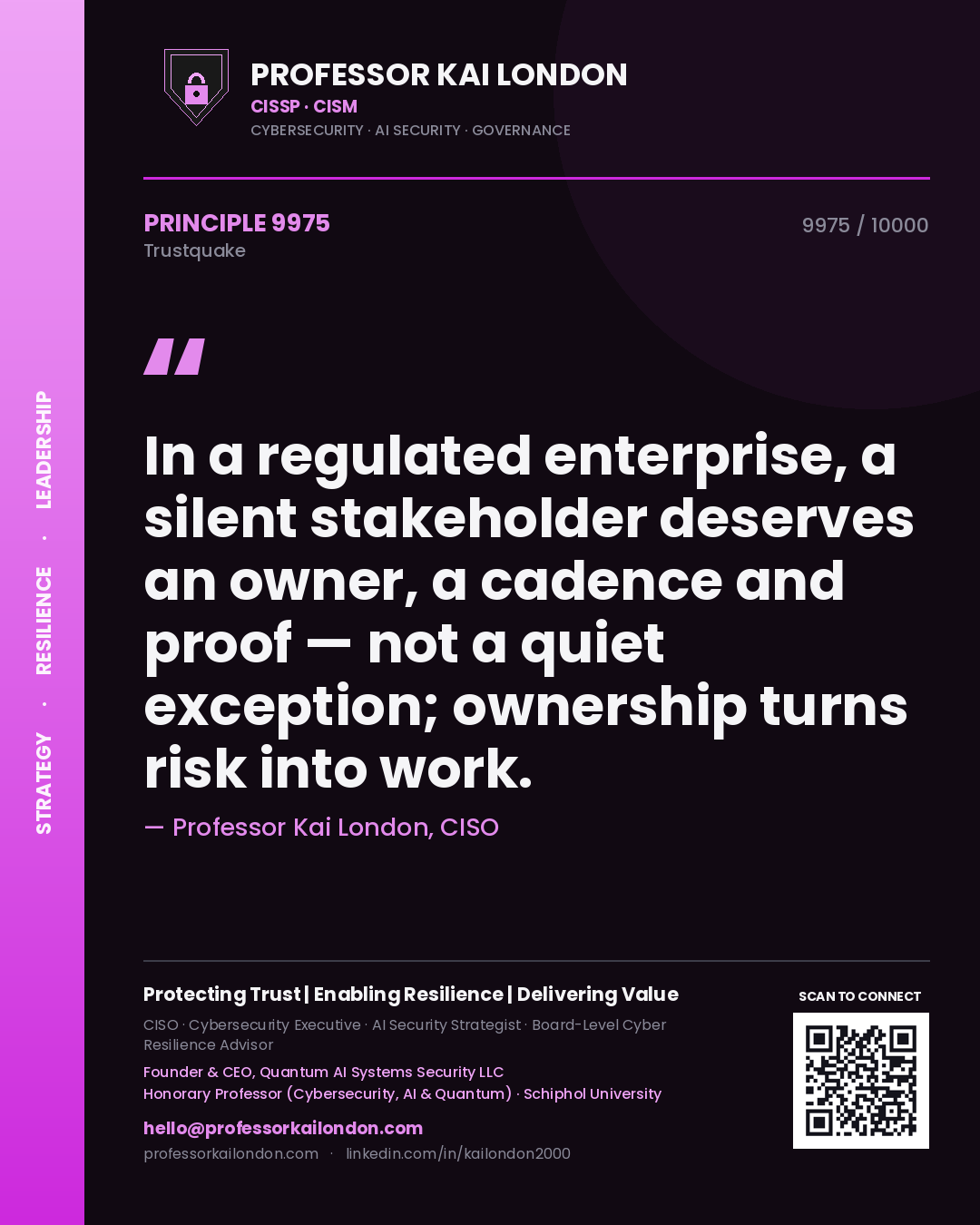 Professor Kai London principle 9975: In a regulated enterprise, a silent stakeholder deserves an owner, a cadence and proof — not a quiet exception; ownership turns risk into work.