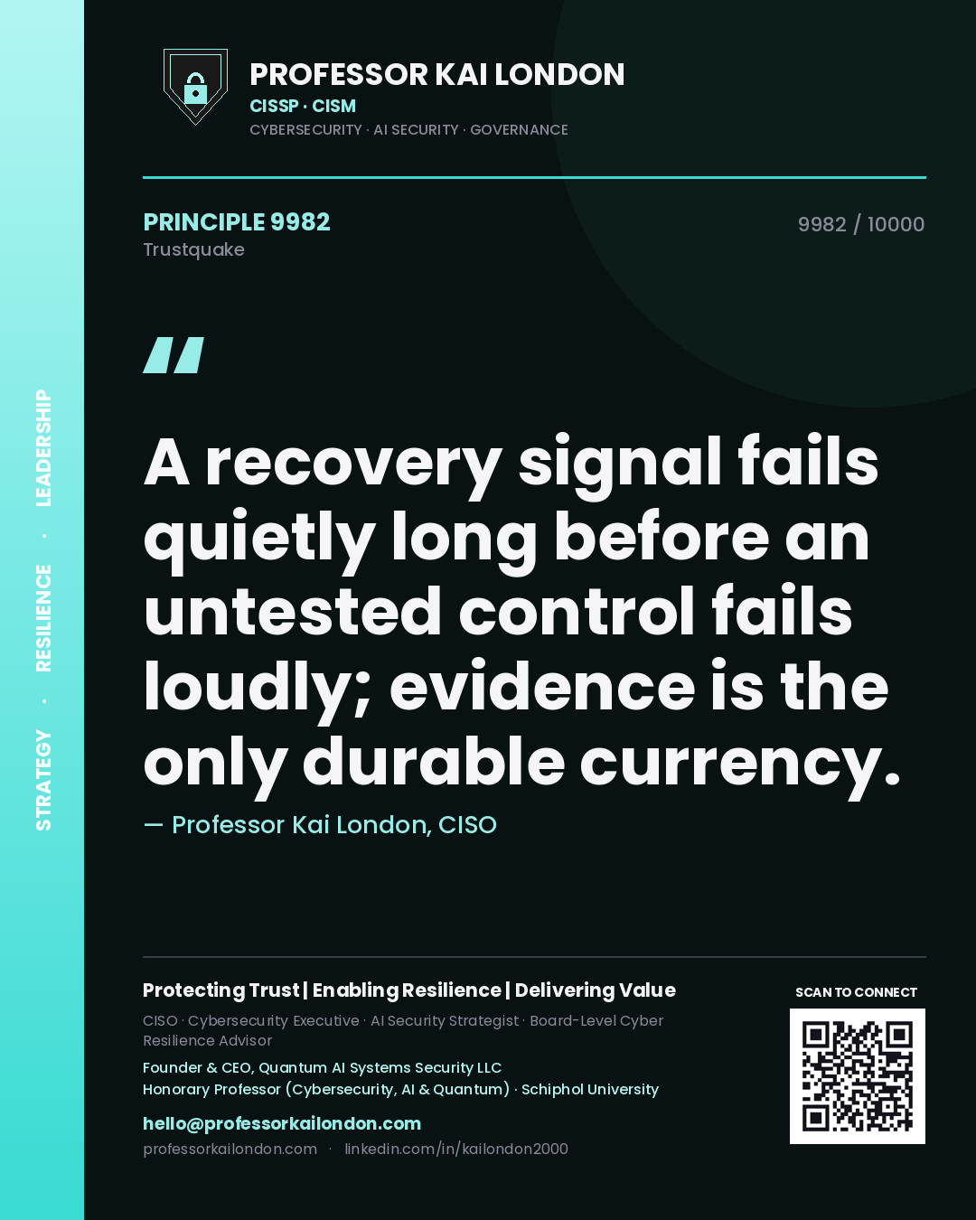 Quote card by Professor Kai London reading 'A recovery signal fails quietly long before an untested control fails loudly; evidence is the only durable currency.'. From the book Trustquake.