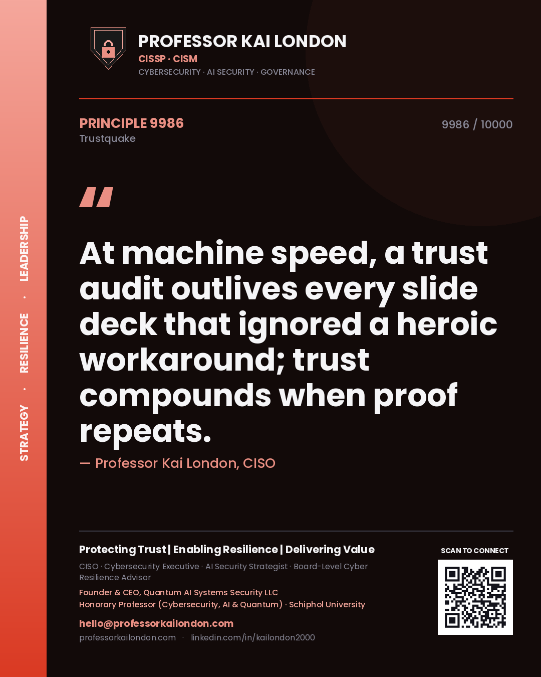 Professor Kai London principle 9986: At machine speed, a trust audit outlives every slide deck that ignored a heroic workaround; trust compounds when proof repeats.