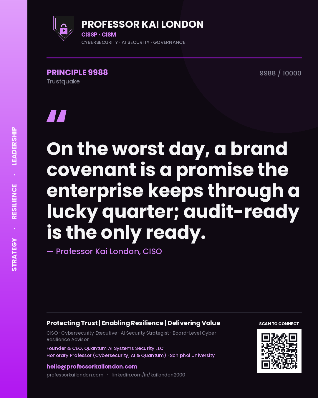 Quote card by Professor Kai London reading 'On the worst day, a brand covenant is a promise the enterprise keeps through a lucky quarter; audit-ready is the only ready.'. From the book Trustquake.