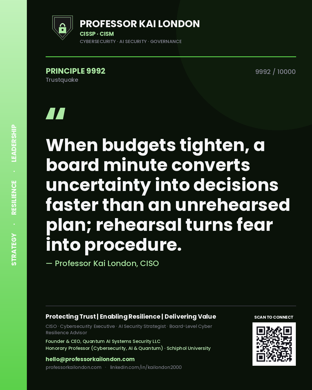 Professor Kai London principle 9992: When budgets tighten, a board minute converts uncertainty into decisions faster than an unrehearsed plan; rehearsal turns fear into procedure.