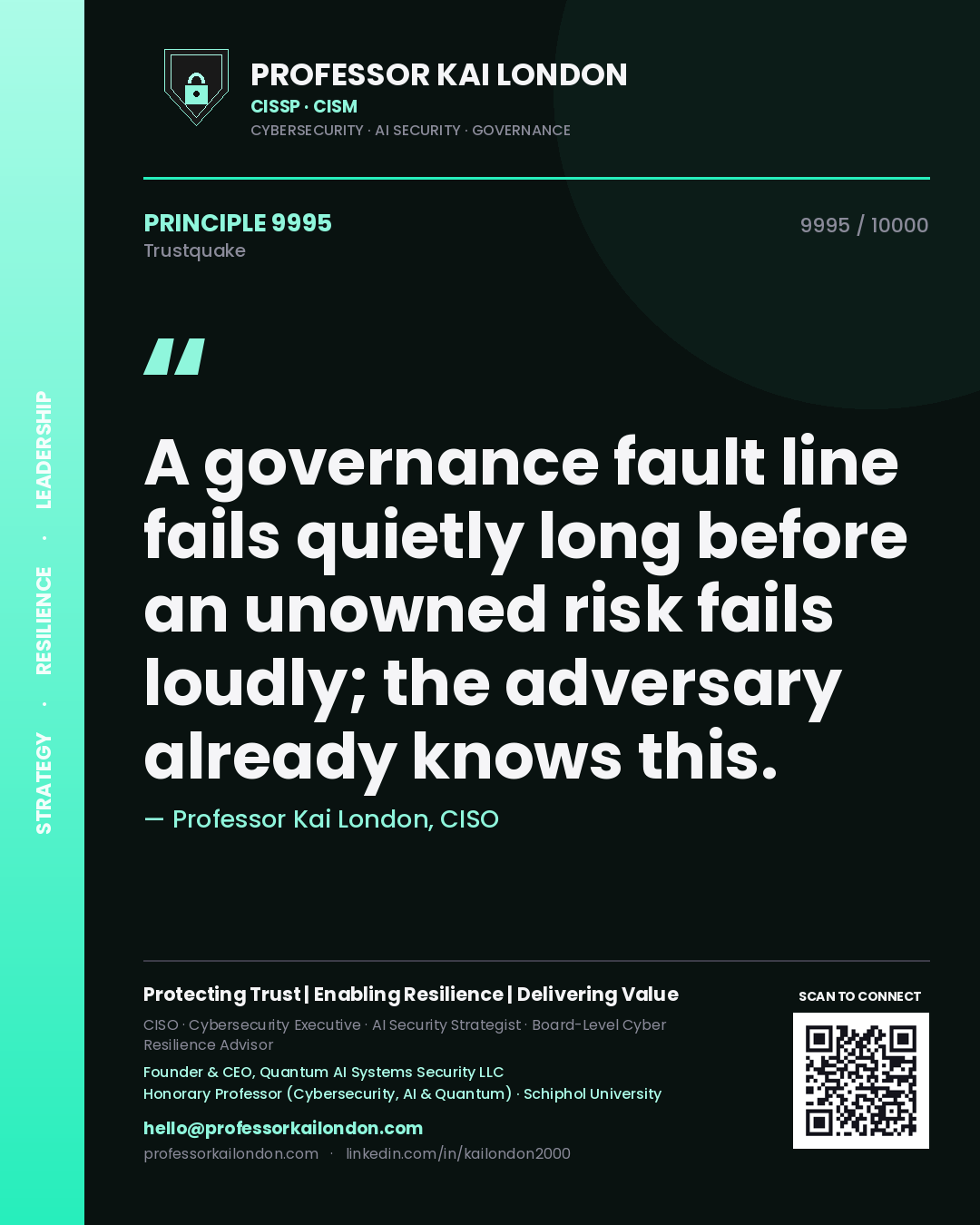 Quote card by Professor Kai London reading 'A governance fault line fails quietly long before an unowned risk fails loudly; the adversary already knows this.'. From the book Trustquake.