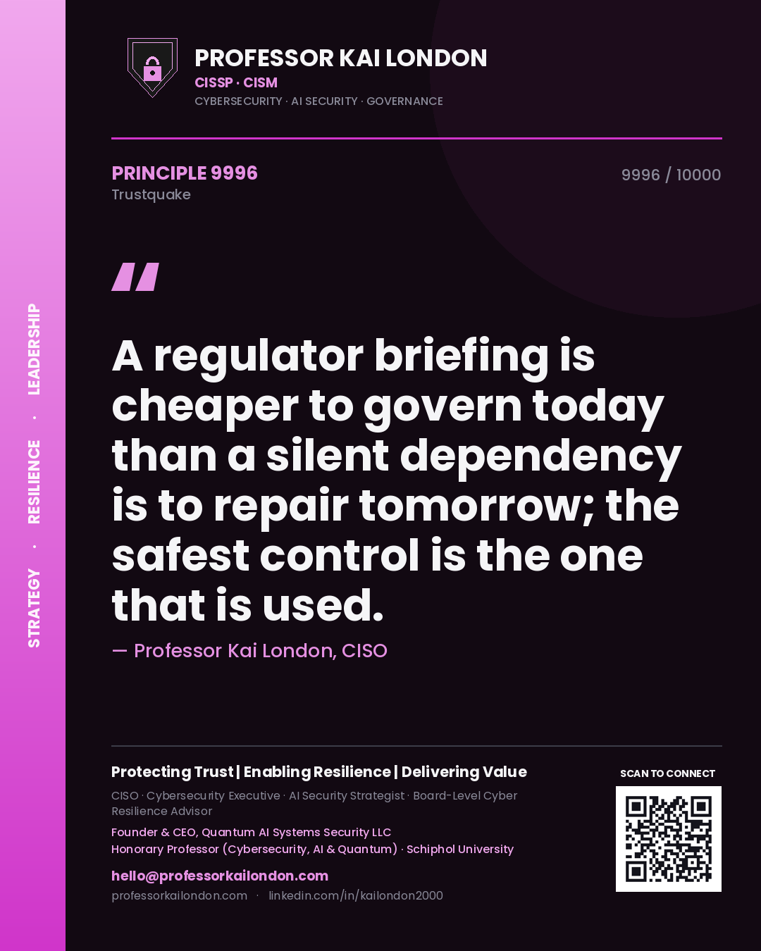 Quote card by Professor Kai London reading 'A regulator briefing is cheaper to govern today than a silent dependency is to repair tomorrow; the safest control is the one that is used.'. From the book Trustquake.