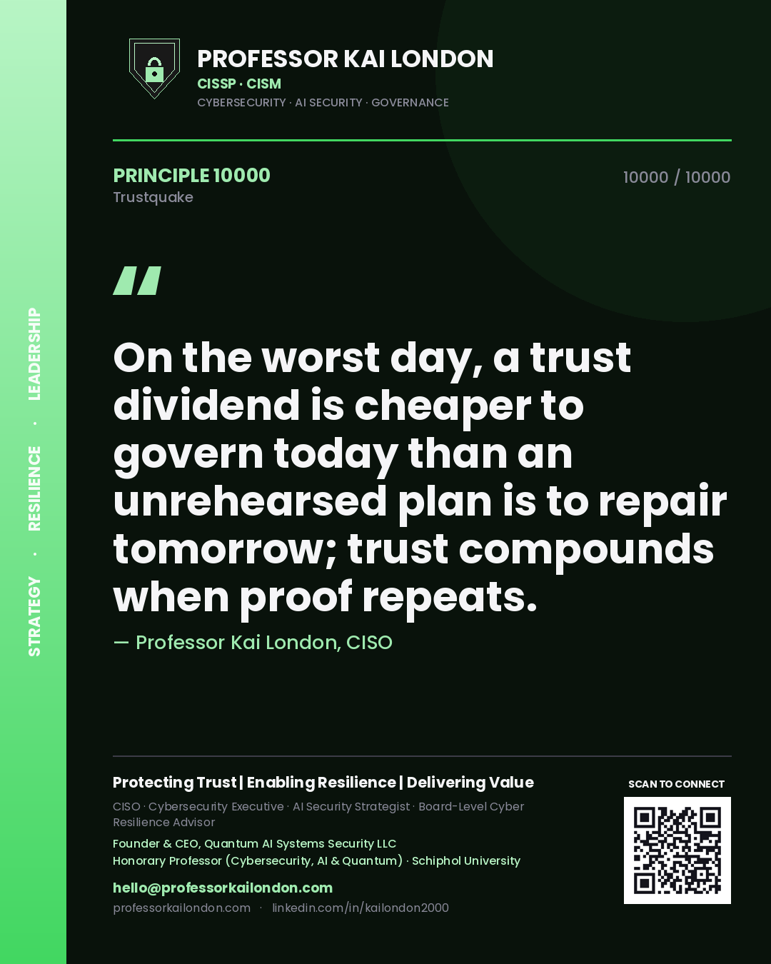 Quote card by Professor Kai London reading 'On the worst day, a trust dividend is cheaper to govern today than an unrehearsed plan is to repair tomorrow; trust compounds when proof repeats.'. From the book Trustquake.