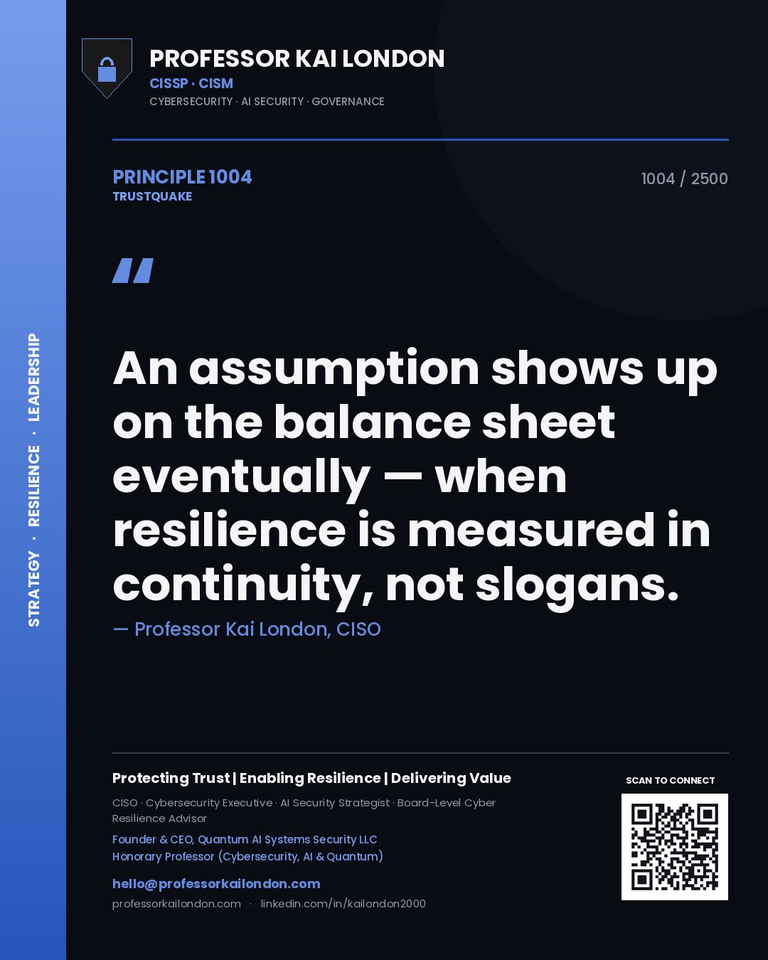 Quote card by Professor Kai London reading 'An assumption shows up on the balance sheet eventually — when resilience is measured in continuity, not slogans.'. From the book Trustquake.