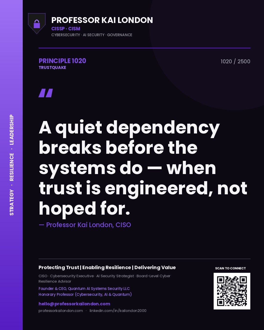 Quote card by Professor Kai London reading 'A quiet dependency breaks before the systems do — when trust is engineered, not hoped for.'. From the book Trustquake.