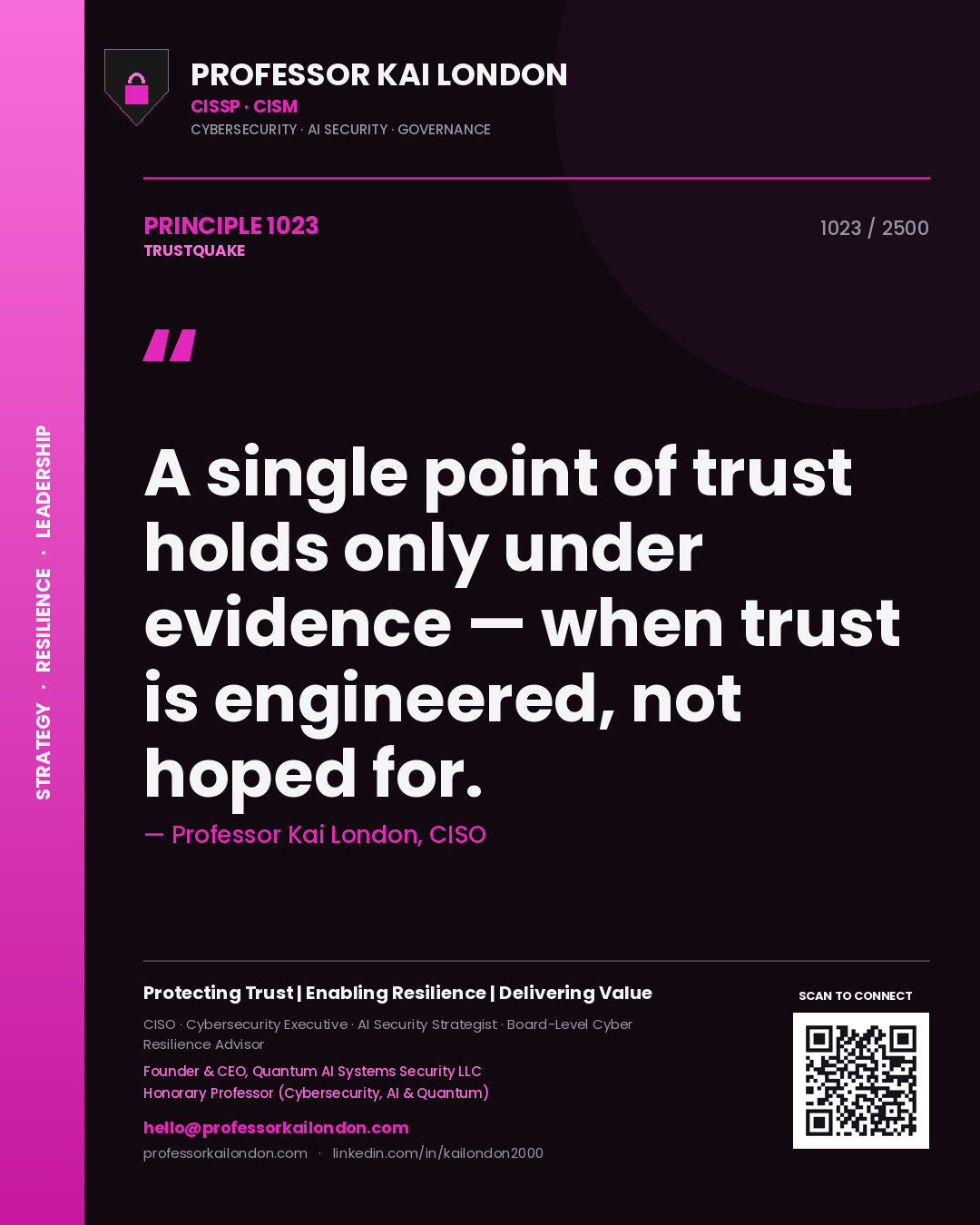 Quote card by Professor Kai London reading 'A single point of trust holds only under evidence — when trust is engineered, not hoped for.'. From the book Trustquake.