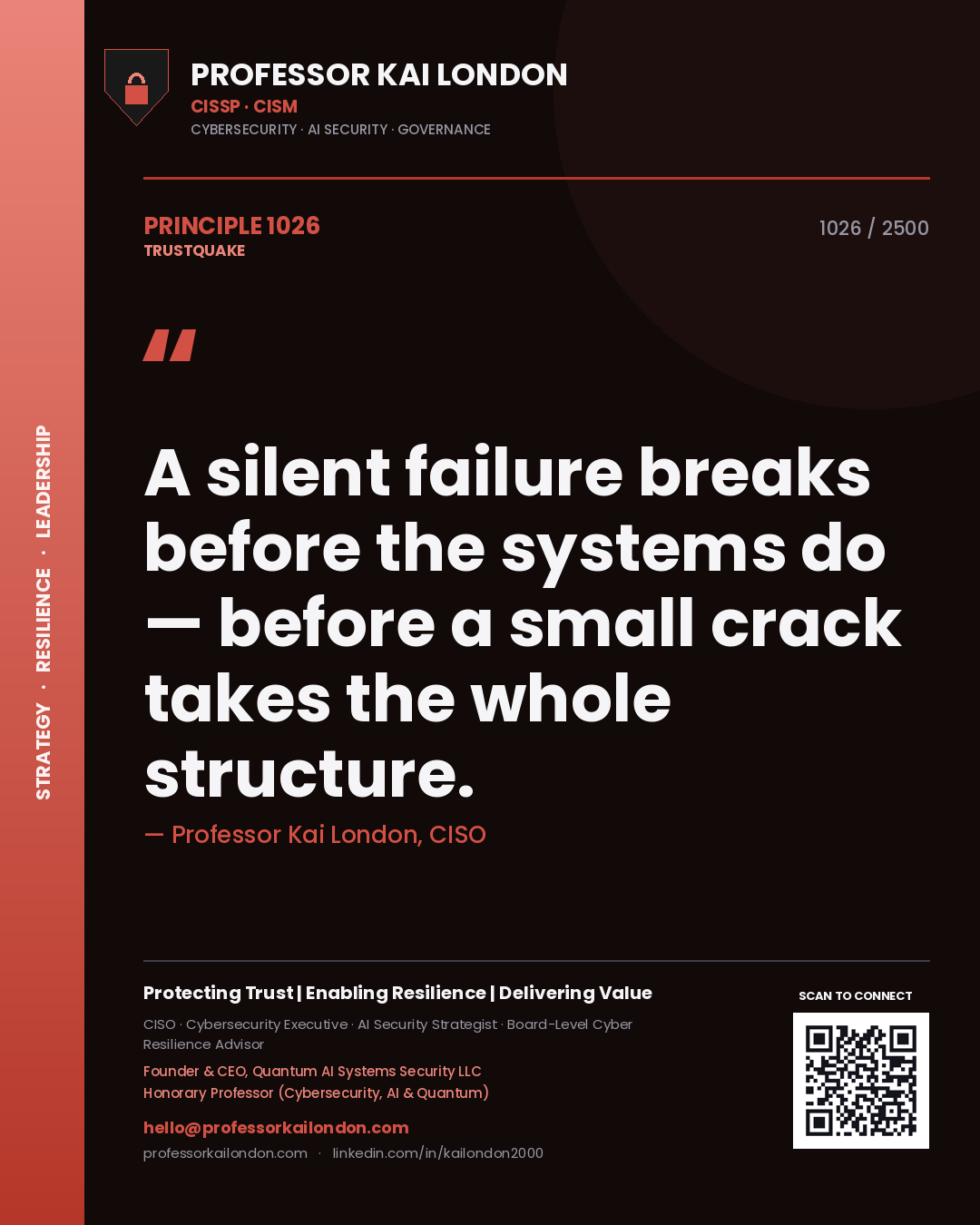 Quote card by Professor Kai London reading 'A silent failure breaks before the systems do — before a small crack takes the whole structure.'. From the book Trustquake.
