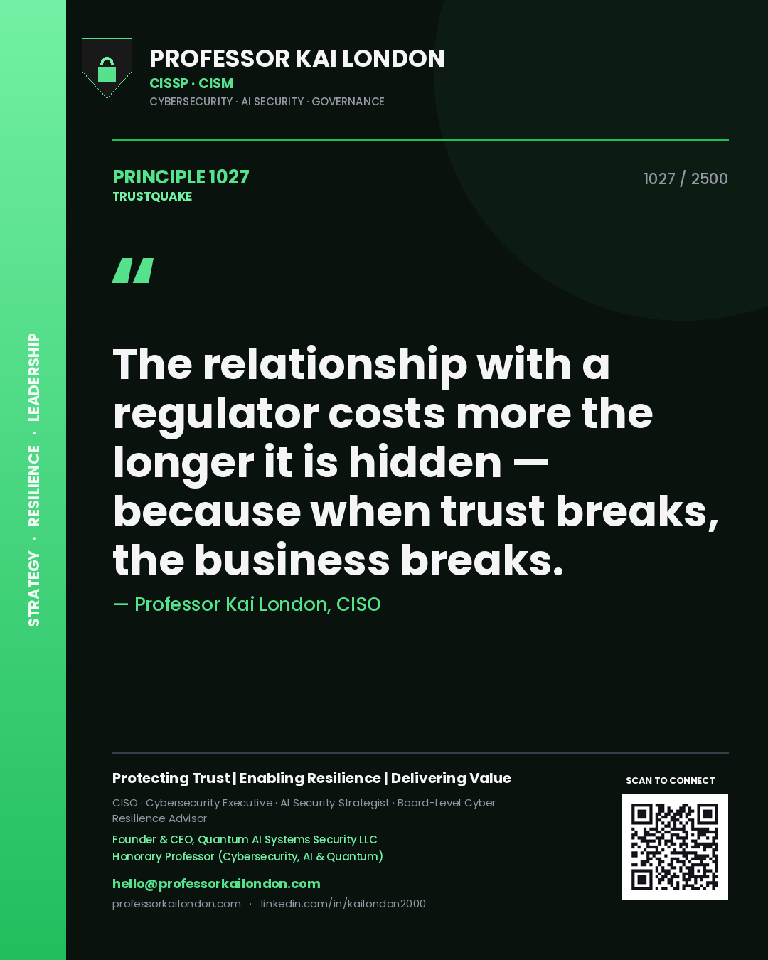 Quote card by Professor Kai London reading 'The relationship with a regulator costs more the longer it is hidden — because when trust breaks, the business breaks.'. From the book Trustquake.