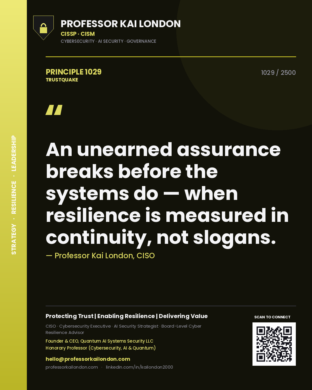 Quote card by Professor Kai London reading 'An unearned assurance breaks before the systems do — when resilience is measured in continuity, not slogans.'. From the book Trustquake.