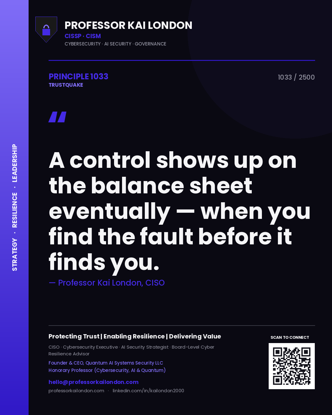 Quote card by Professor Kai London reading 'A control shows up on the balance sheet eventually — when you find the fault before it finds you.'. From the book Trustquake.