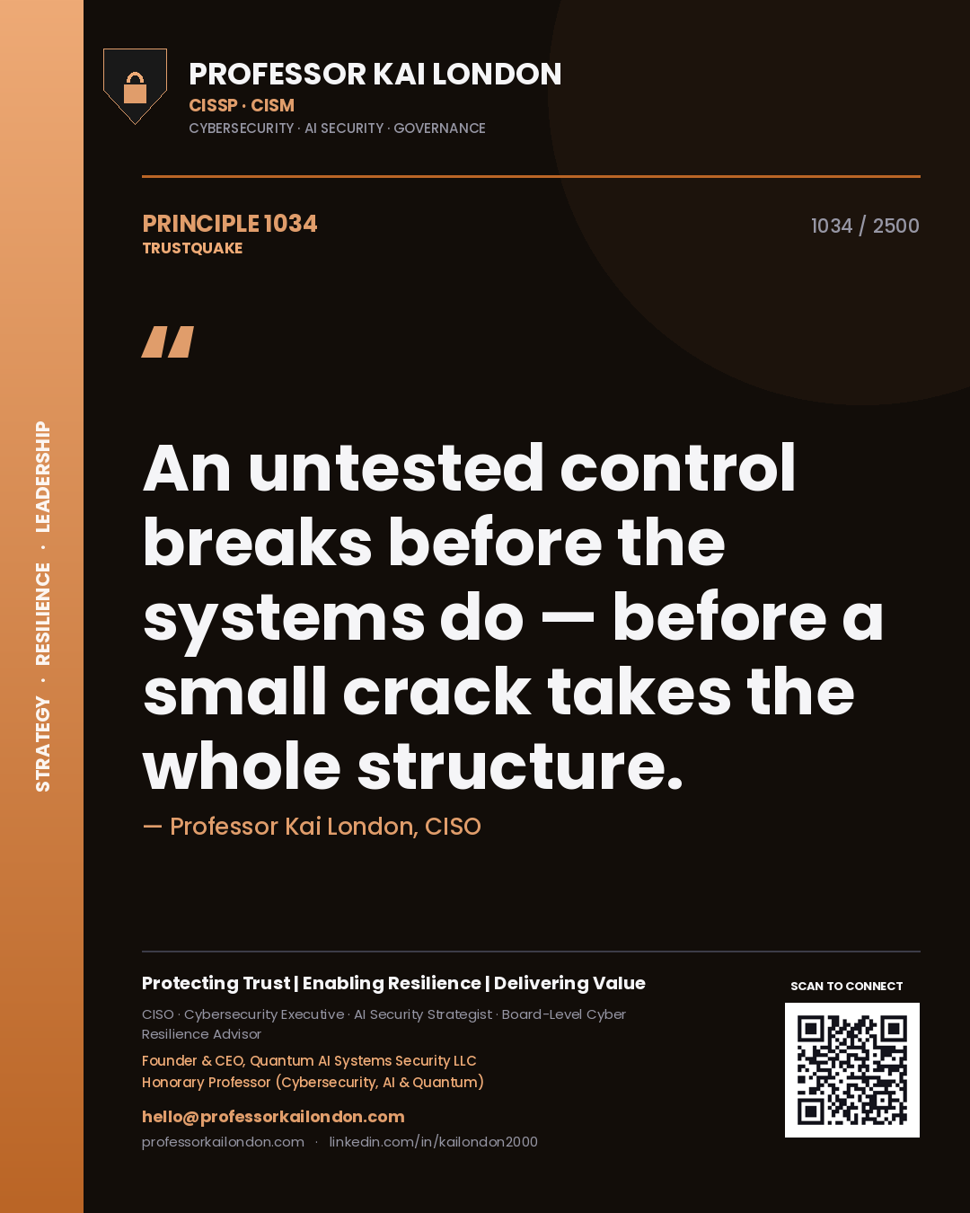 Professor Kai London principle 1034: An untested control breaks before the systems do — before a small crack takes the whole structure.