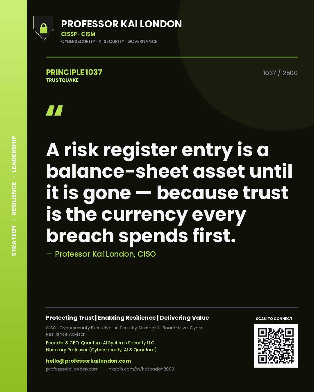 Professor Kai London principle 1037: A risk register entry is a balance-sheet asset until it is gone — because trust is the currency every breach spends first.
