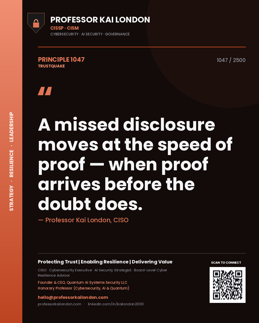 Quote card by Professor Kai London reading 'A missed disclosure moves at the speed of proof — when proof arrives before the doubt does.'. From the book Trustquake.