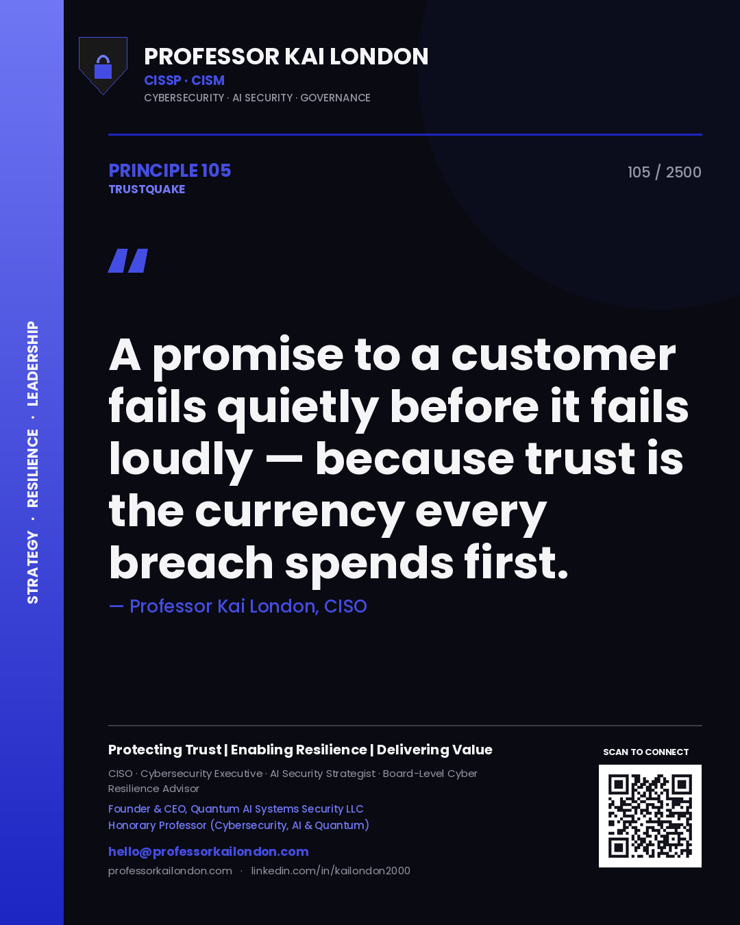 Professor Kai London principle 105: A promise to a customer fails quietly before it fails loudly — because trust is the currency every breach spends first.