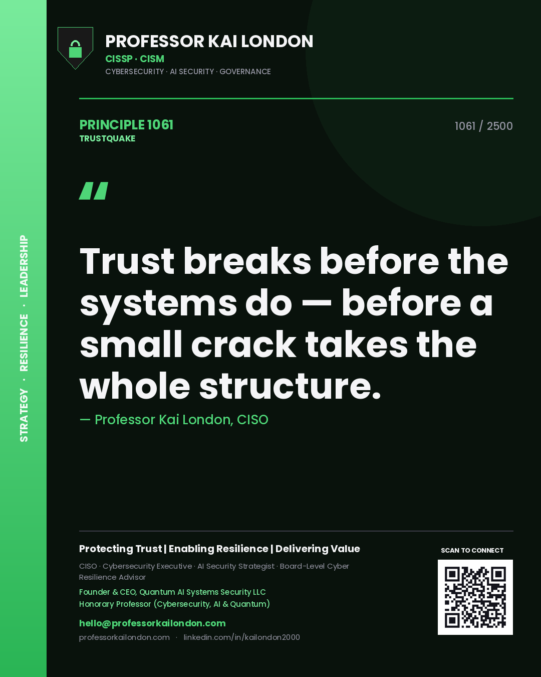 Quote card by Professor Kai London reading 'Trust breaks before the systems do — before a small crack takes the whole structure.'. From the book Trustquake.