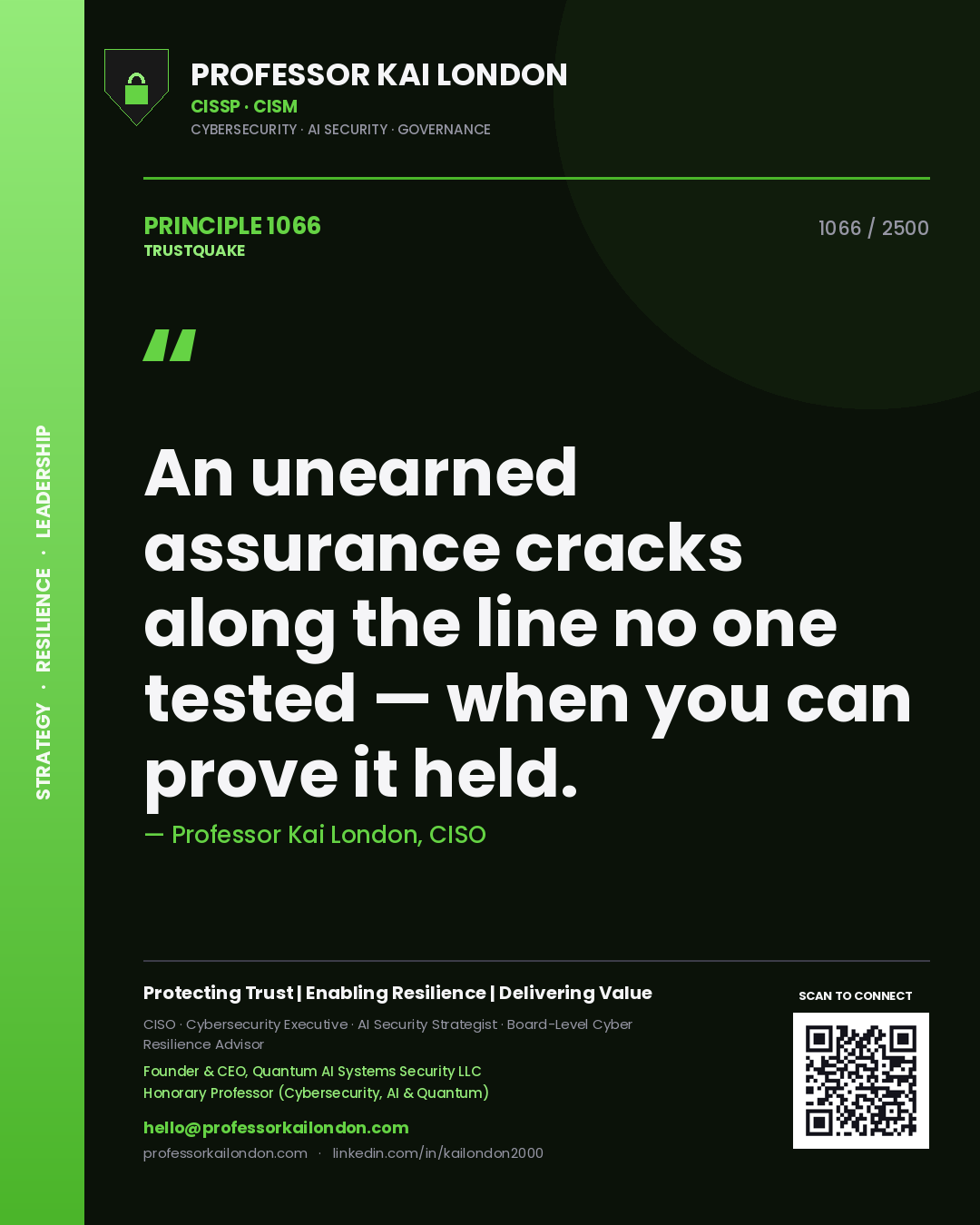 Quote card by Professor Kai London reading 'An unearned assurance cracks along the line no one tested — when you can prove it held.'. From the book Trustquake.