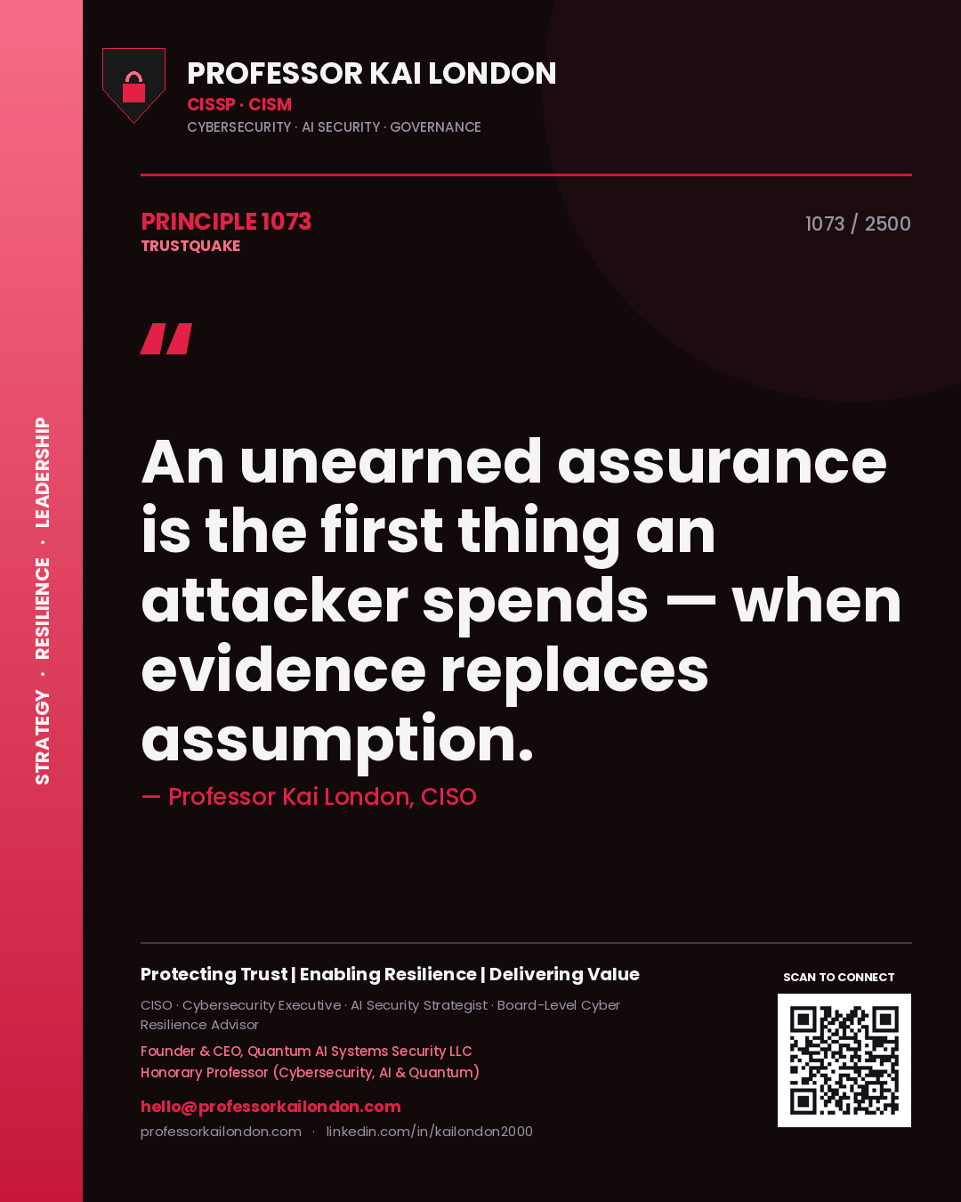 Quote card by Professor Kai London reading 'An unearned assurance is the first thing an attacker spends — when evidence replaces assumption.'. From the book Trustquake.