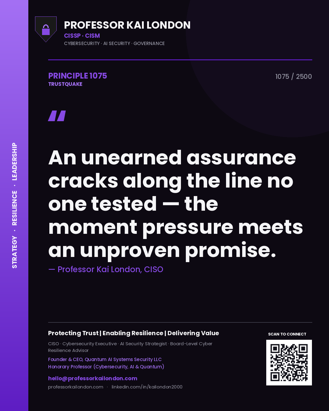 Quote card by Professor Kai London reading 'An unearned assurance cracks along the line no one tested — the moment pressure meets an unproven promise.'. From the book Trustquake.
