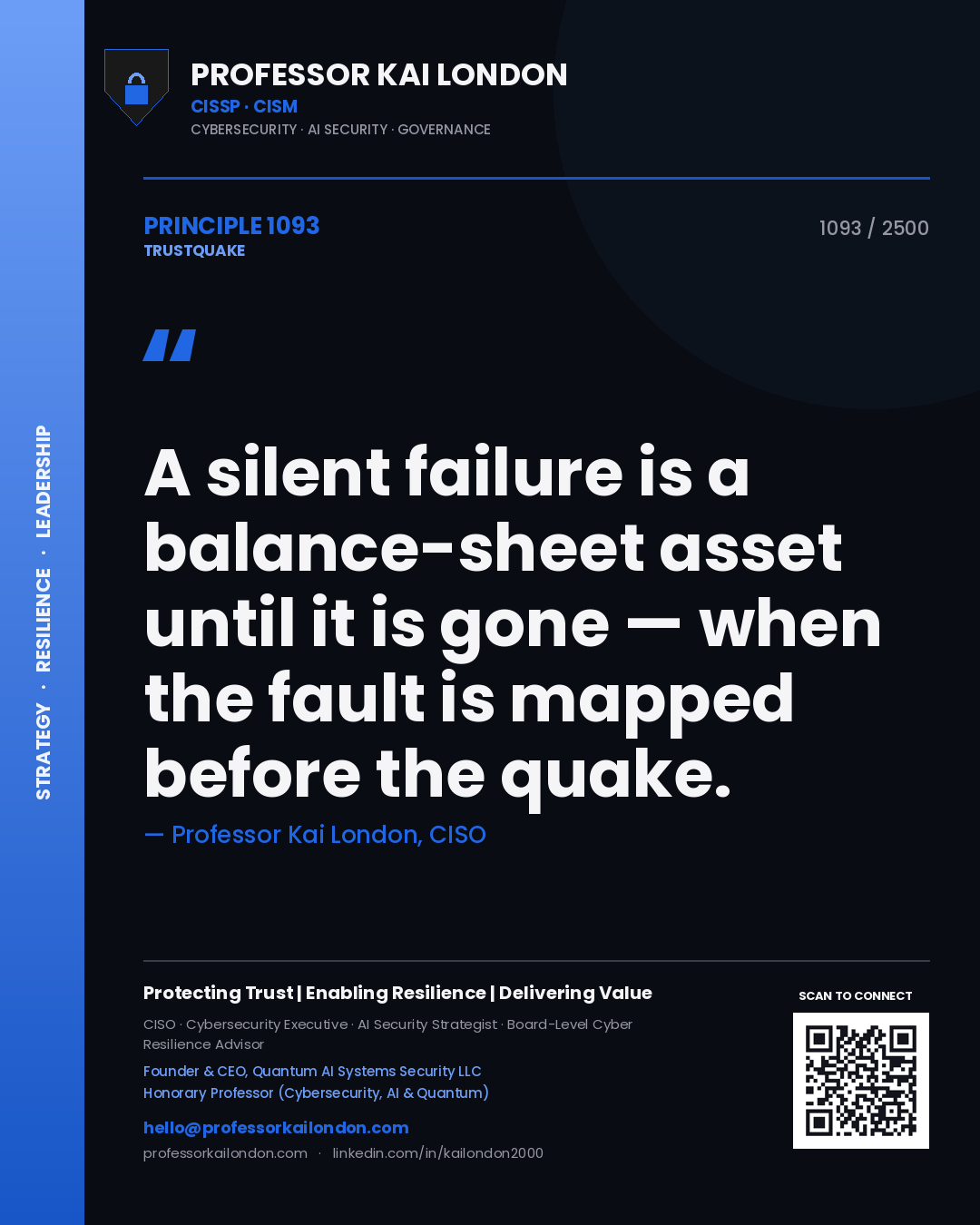 Quote card by Professor Kai London reading 'A silent failure is a balance-sheet asset until it is gone — when the fault is mapped before the quake.'. From the book Trustquake.