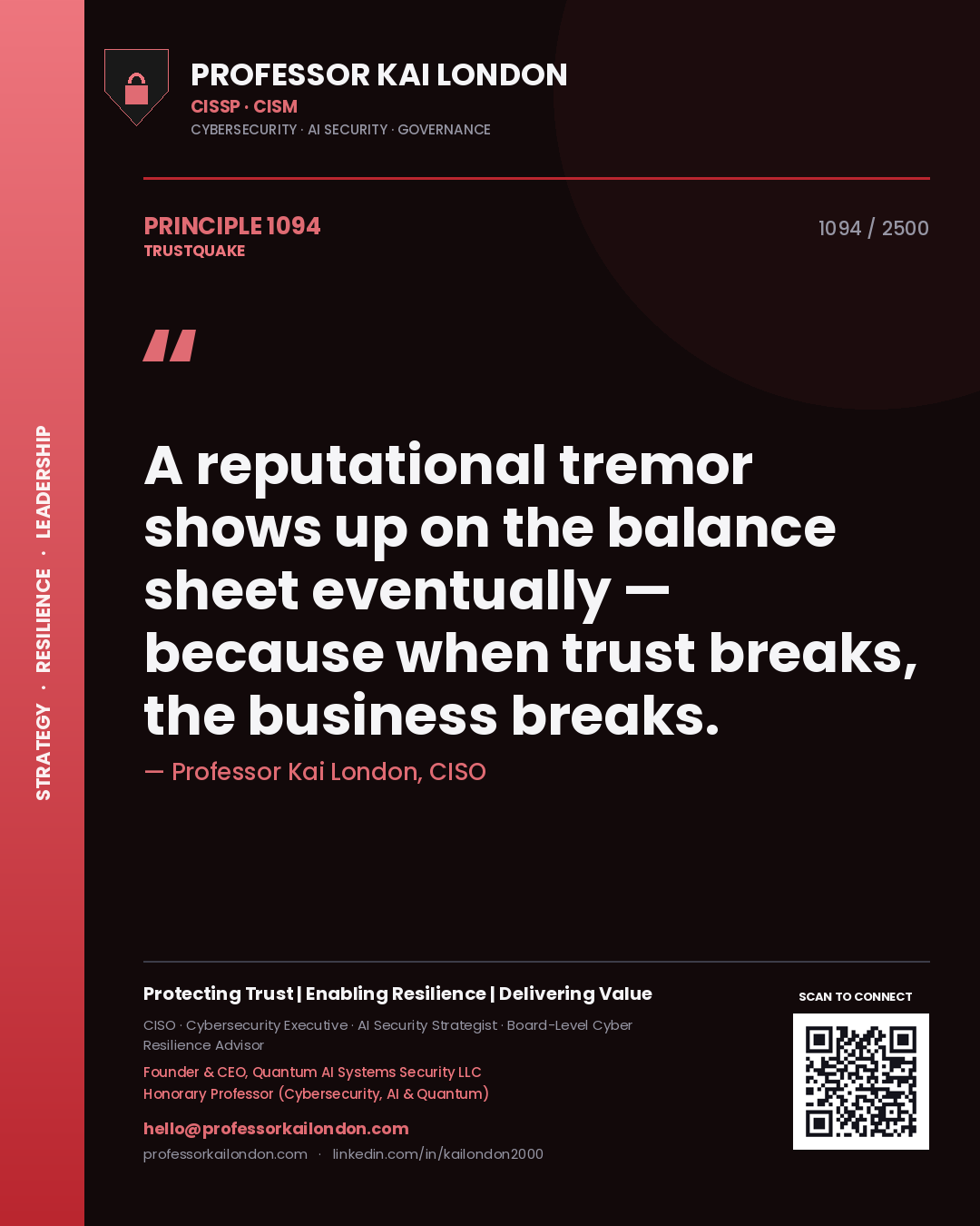 Quote card by Professor Kai London reading 'A reputational tremor shows up on the balance sheet eventually — because when trust breaks, the business breaks.'. From the book Trustquake.