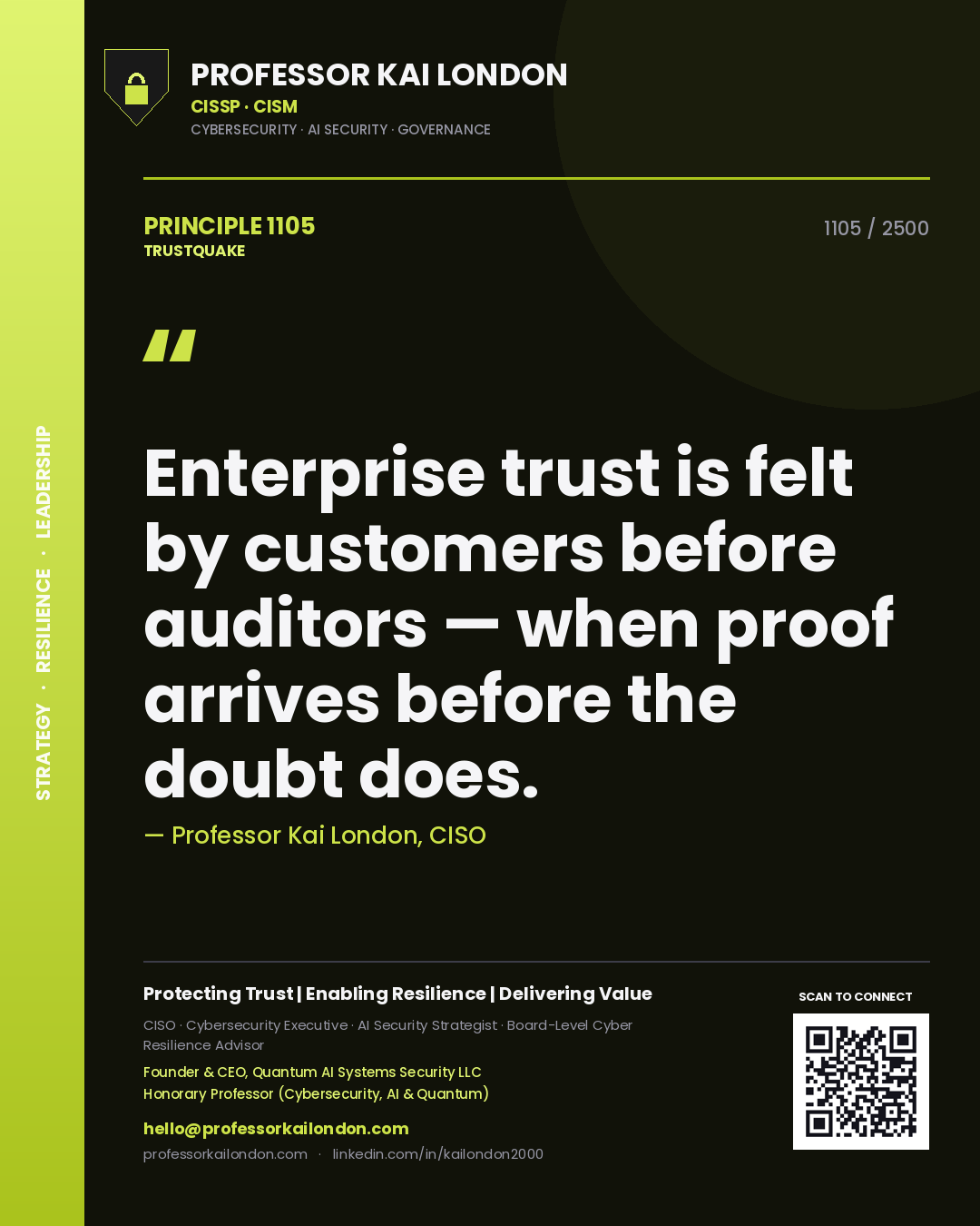 Quote card by Professor Kai London reading 'Enterprise trust is felt by customers before auditors — when proof arrives before the doubt does.'. From the book Trustquake.