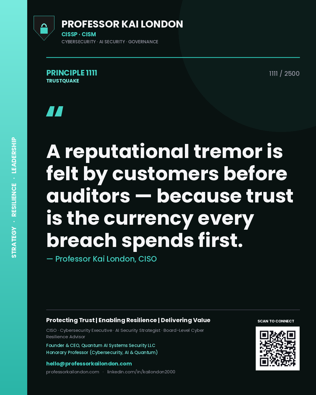 Quote card by Professor Kai London reading 'A reputational tremor is felt by customers before auditors — because trust is the currency every breach spends first.'. From the book Trustquake.