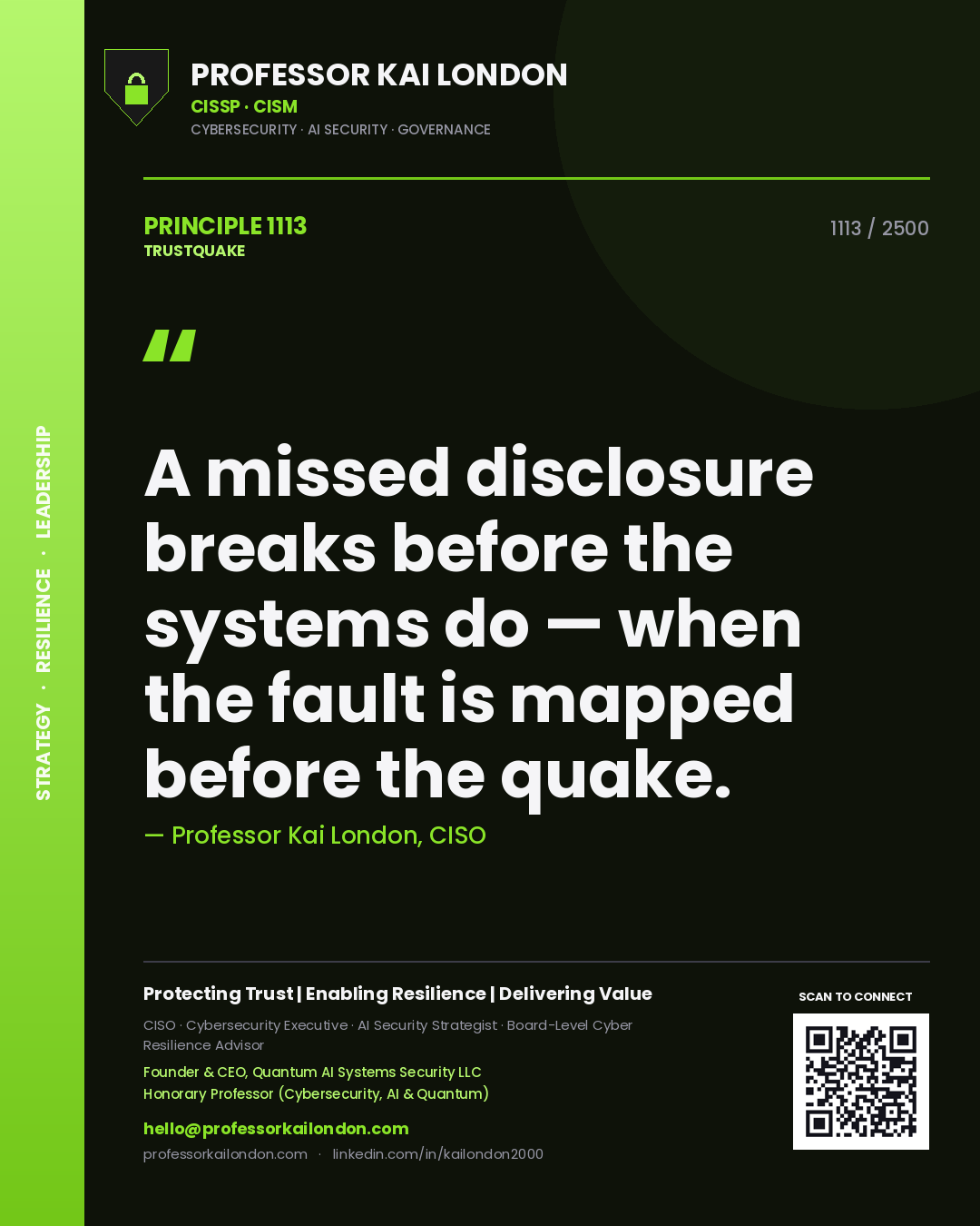 Quote card by Professor Kai London reading 'A missed disclosure breaks before the systems do — when the fault is mapped before the quake.'. From the book Trustquake.