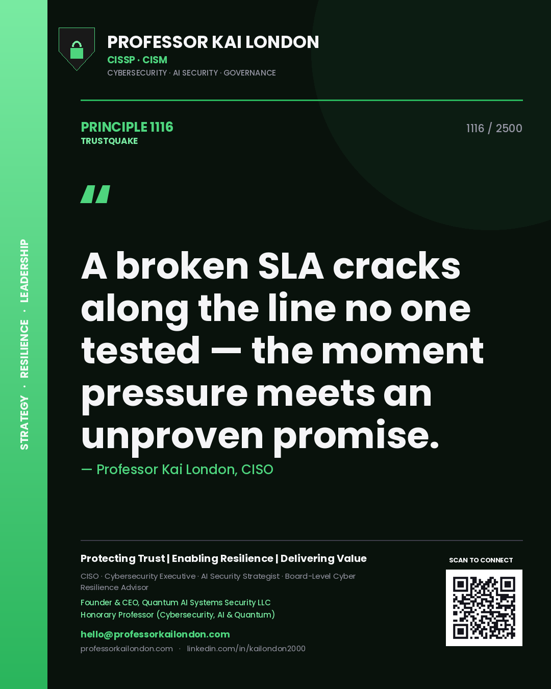 Quote card by Professor Kai London reading 'A broken SLA cracks along the line no one tested — the moment pressure meets an unproven promise.'. From the book Trustquake.